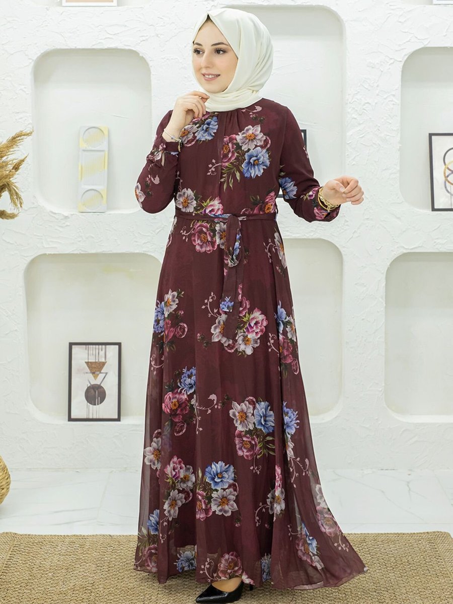 Mec Fashion Bordo Çiçek Desenli Elbise