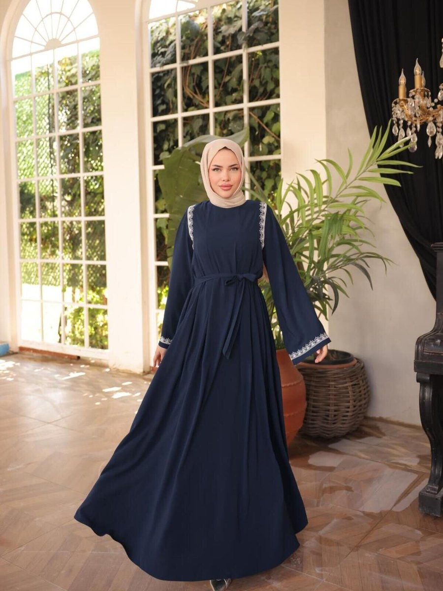 Nissra Lacivert Ankanoor Abaya Kol Nakışlı Medine İpeği Elbise