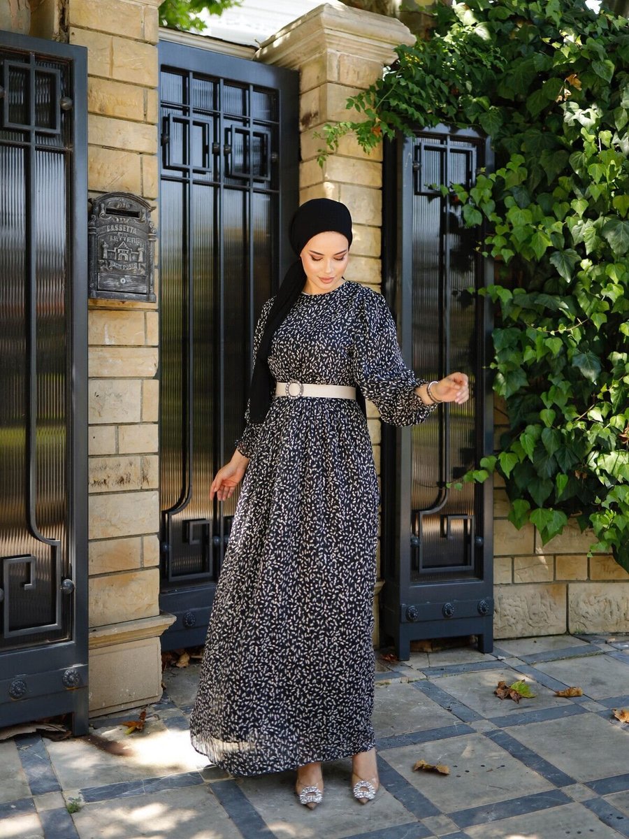 Nissra Siyah Balon Kol Simli Şifon Elbise