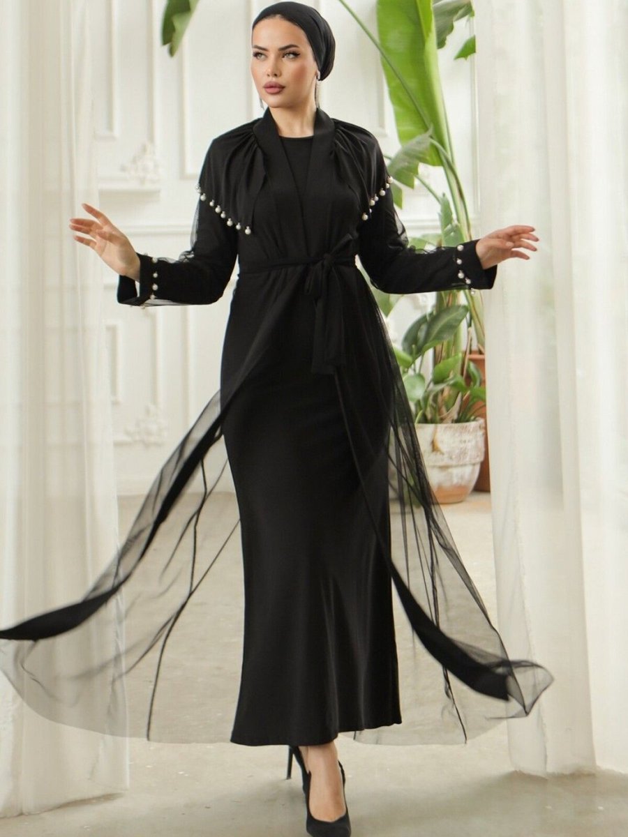 HİJABAYA Siyah İnci Detaylı Tül Hırkalı Sendy Abaya
