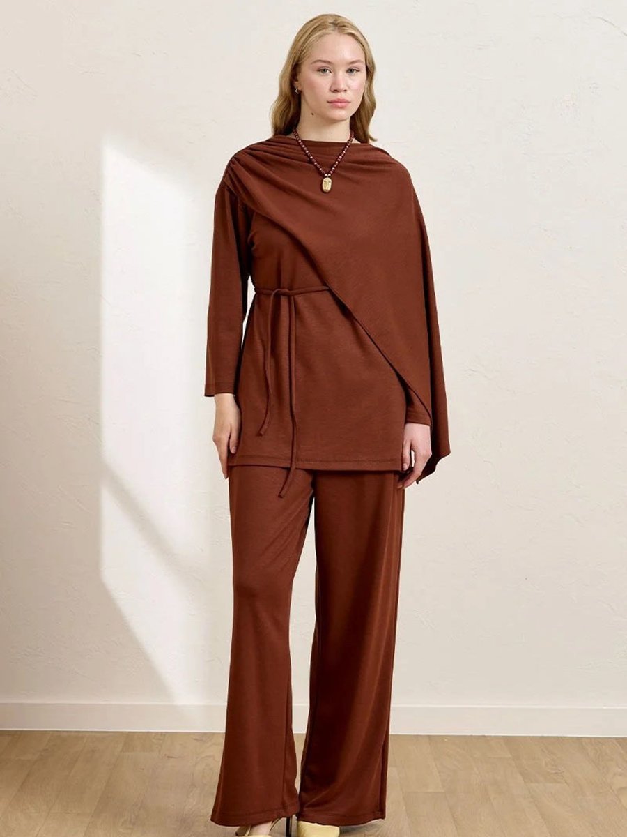 Ceylan Otantik Camel Atkılı Tunik & Bol Paça Pantolon Takım