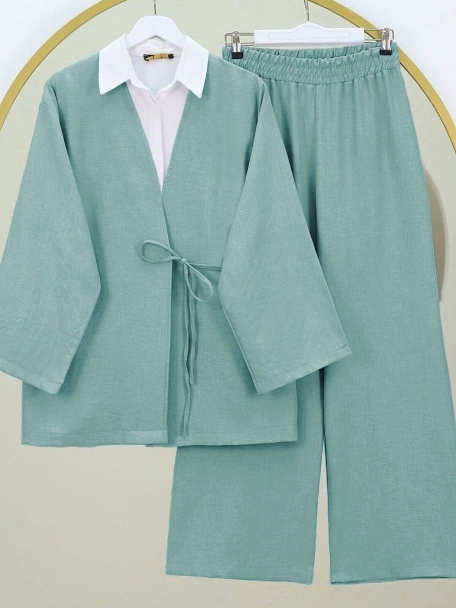 HİJABAYA Su Yeşili Önden Bağlamalı Pantolonlu Kimono İkili Takım