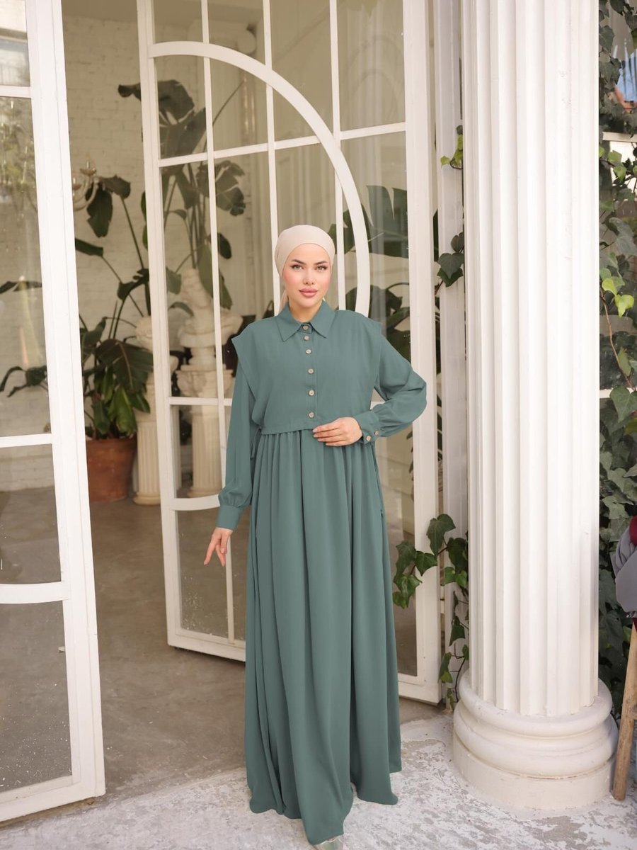 Nissra Mint Ankanoor Önlüklü Medine İpeği Elbise