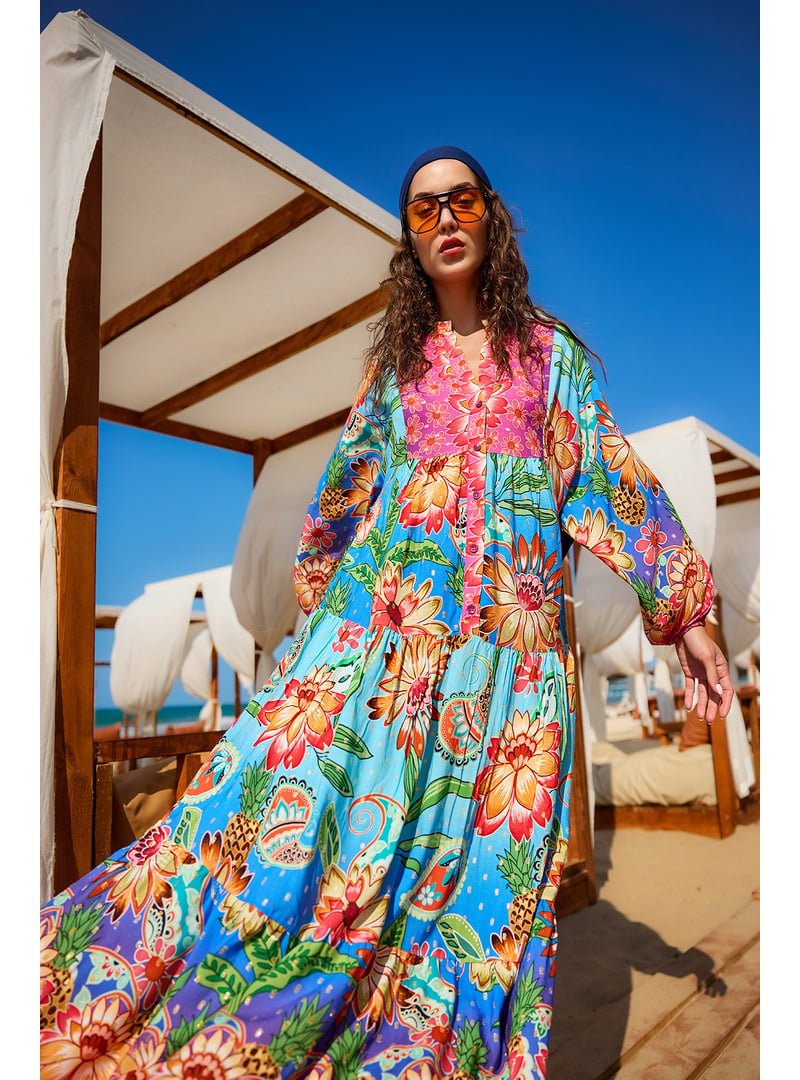 Locco Moda Mavi Çicek Desenli Elbise