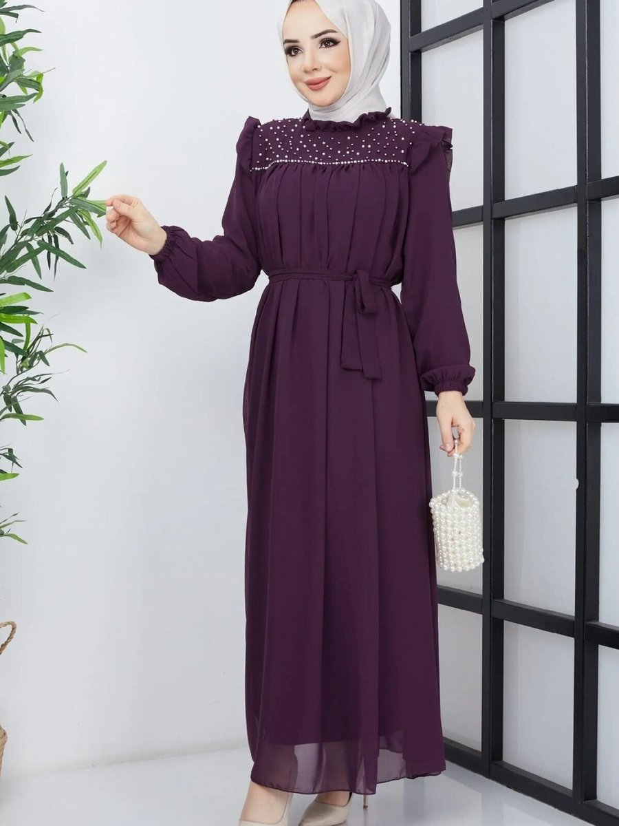 Mec Fashion Mor İnci Detaylı Elbise