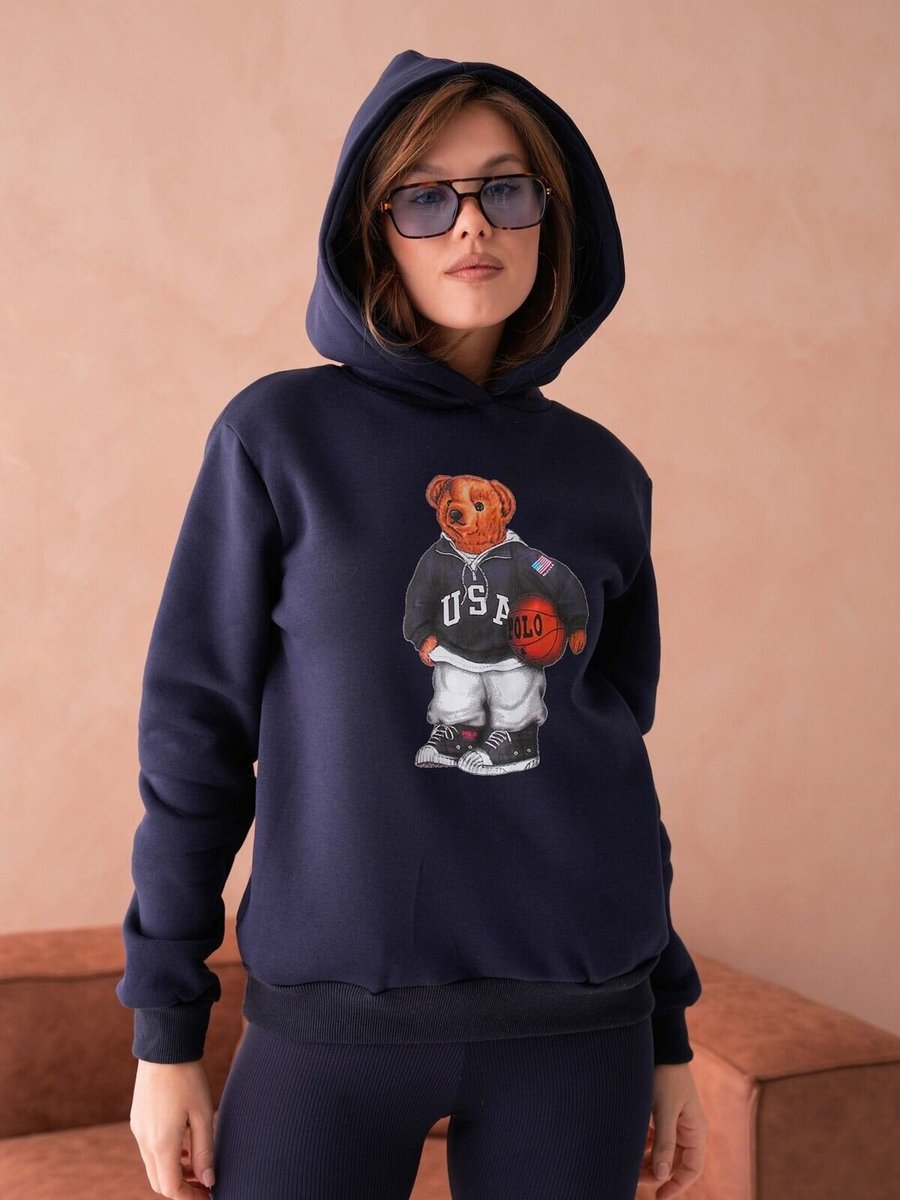 ZISHAN Lacivert Ayıcık Desenli Üç İplik Şardonlu Ve Kapüşonlu Sweatshirt