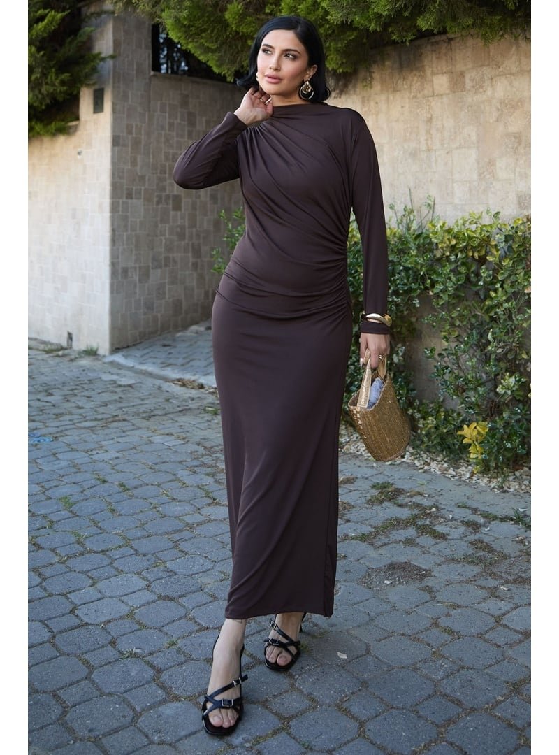 InStyle Büzgülü Sandy Acı Kahve Elbise
