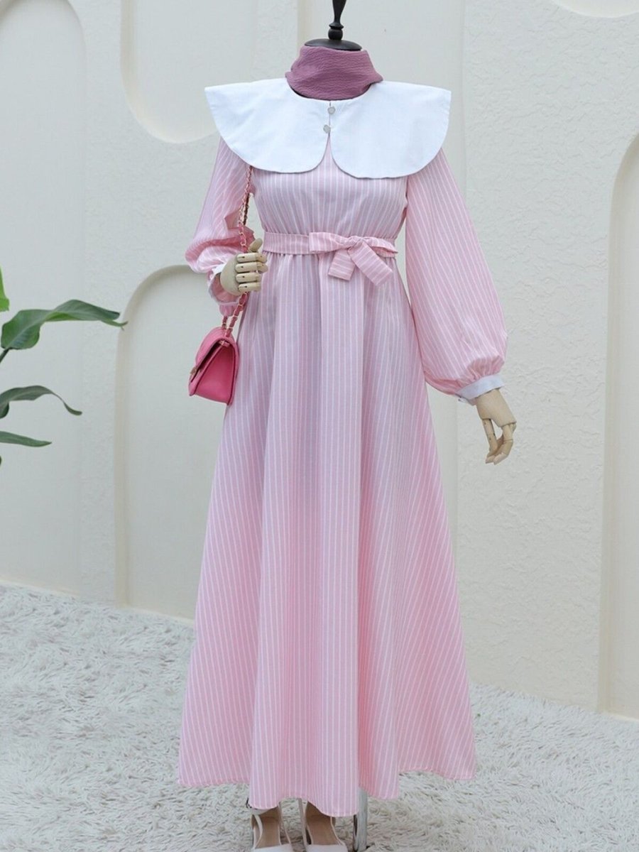 HİJABAYA Pembe Bebe Yaka Çizgili Beli Lastikli Uzun Elbise