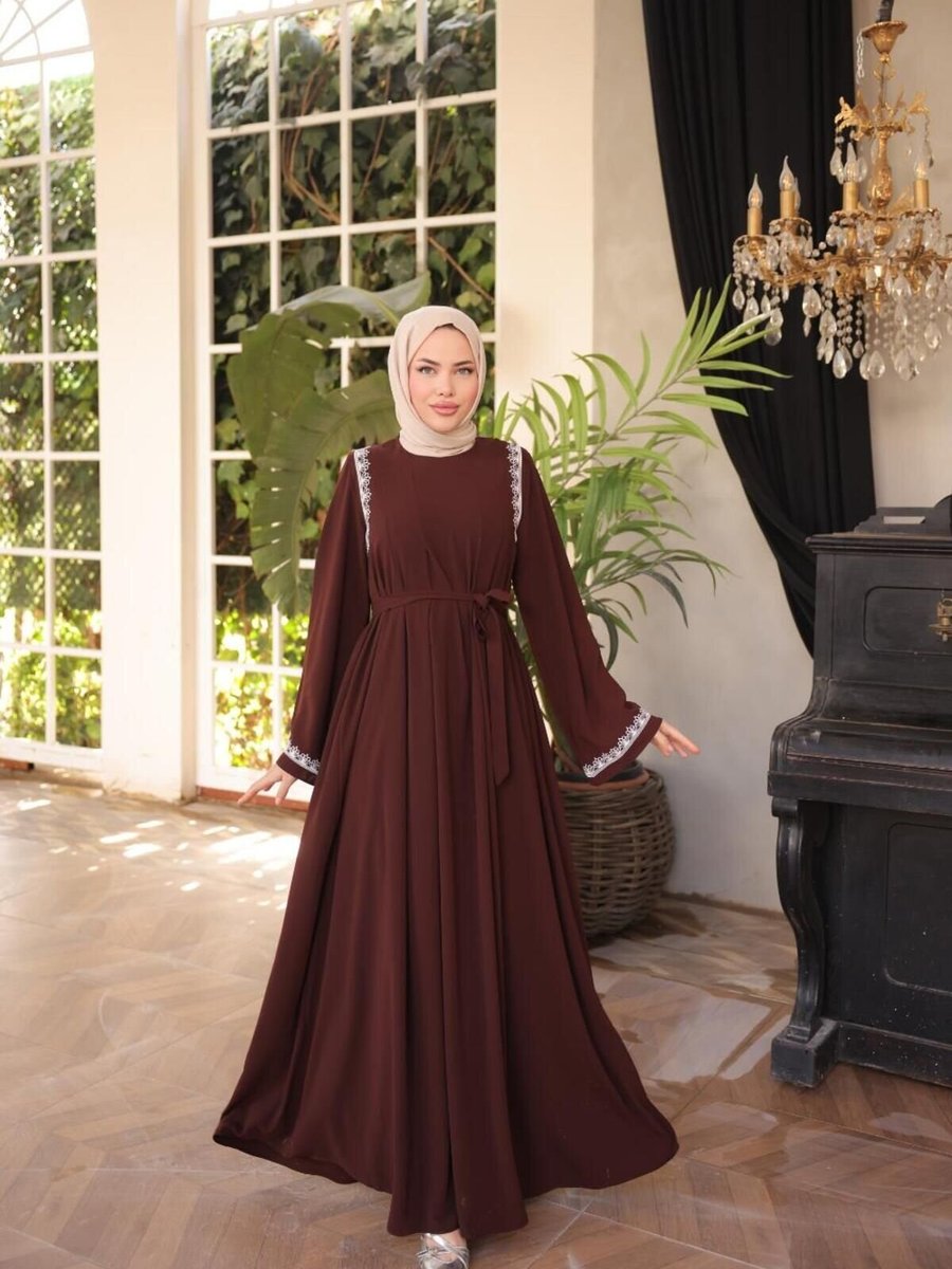 Nissra Acı Kahve Ankanoor Abaya Kol Nakışlı Medine İpeği Elbise