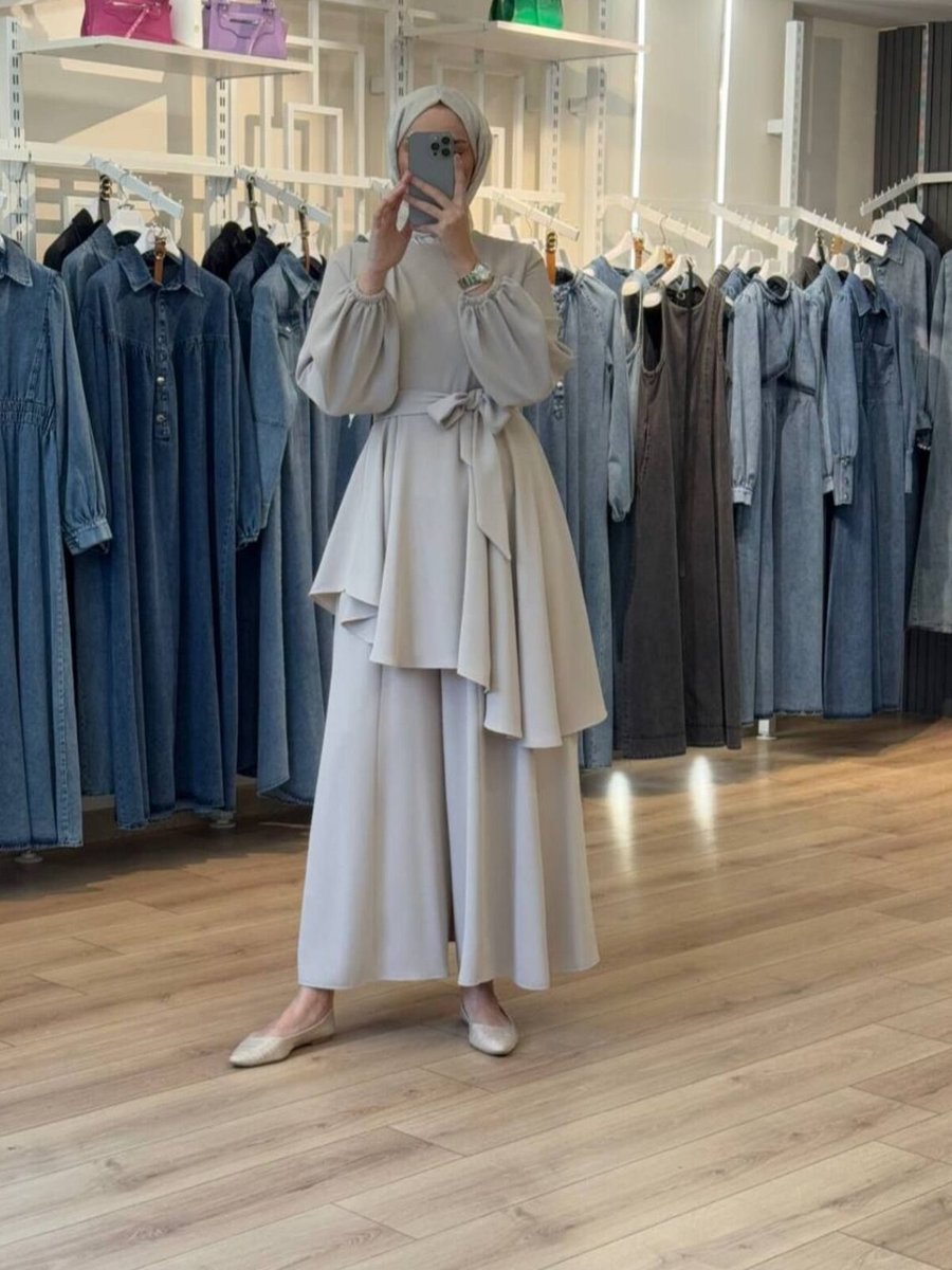 OlaLady Bej Asimetrik Kloş Tunikli Pantolon Bluz İkili Takım