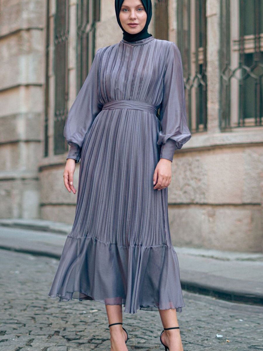 Mec Fashion Gri Pileli Kemerli Elbise