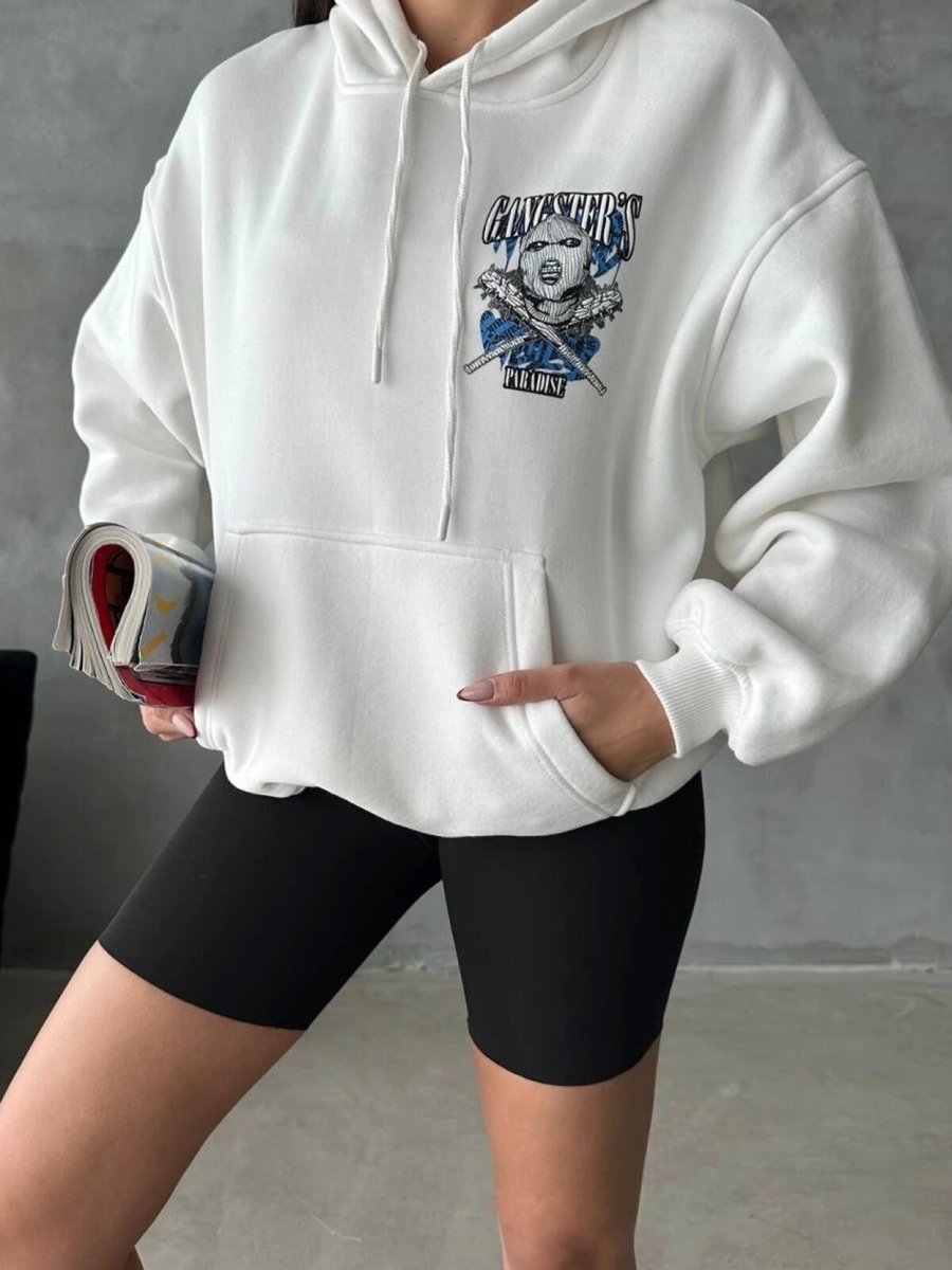 Özer&Hermin Beyaz İplik Şardonlu Oversize Compact Kafa Baskılı Sweat