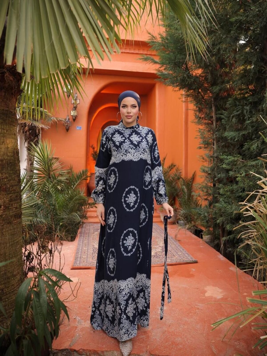 Nissra Lacivert Ankanoor Barok Desenli Viskon Elbise