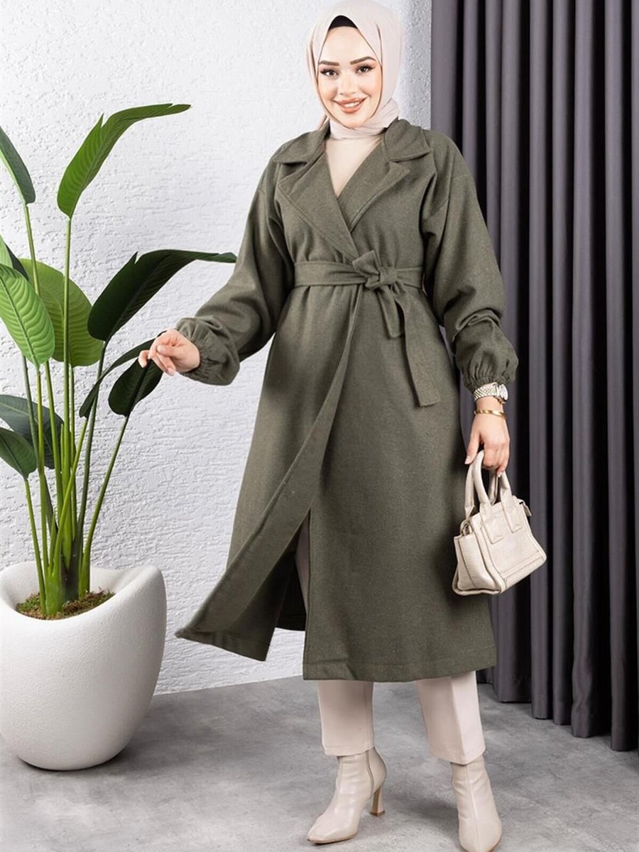Mec Fashion Haki Kruvaze Yakalı Kaşe Kaban