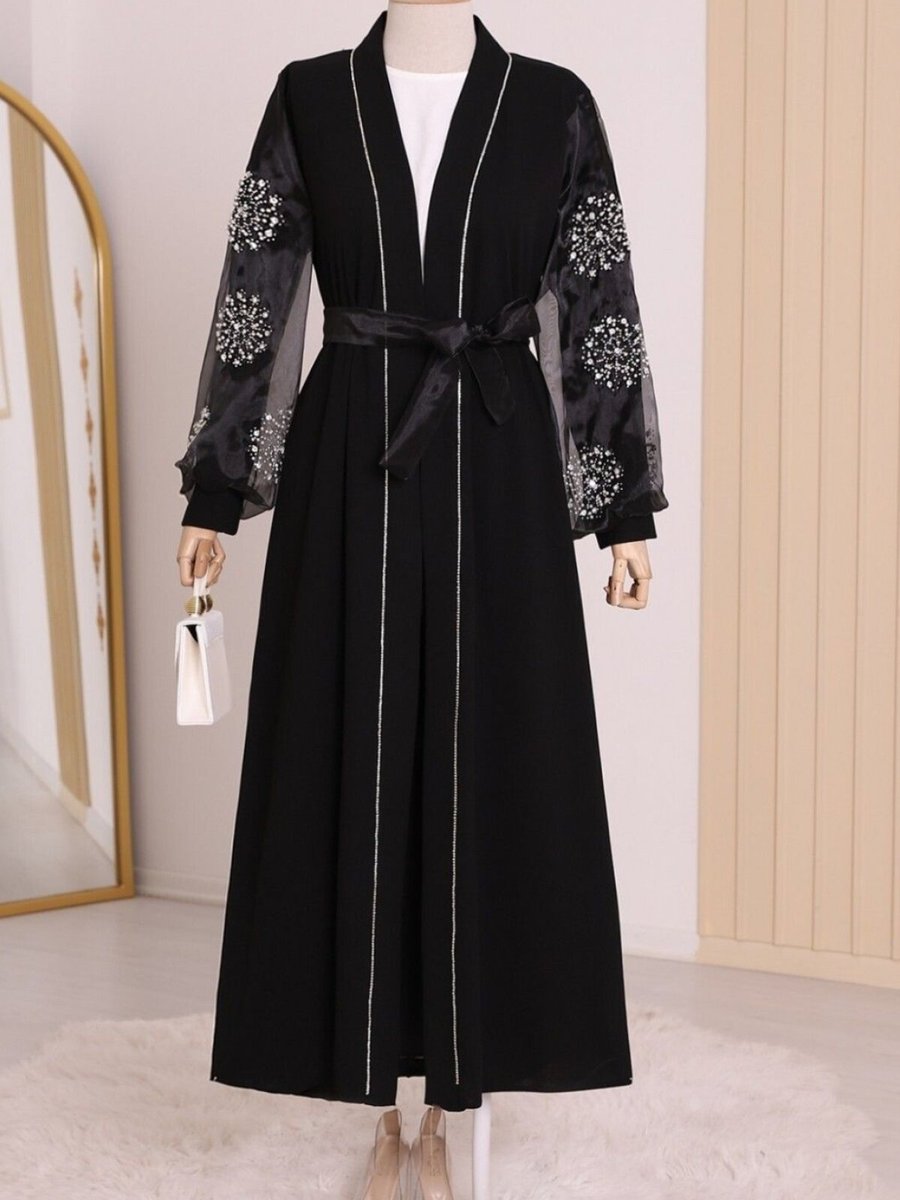 HİJABAYA Siyah Kolları İnci Taş Detaylı Abaya