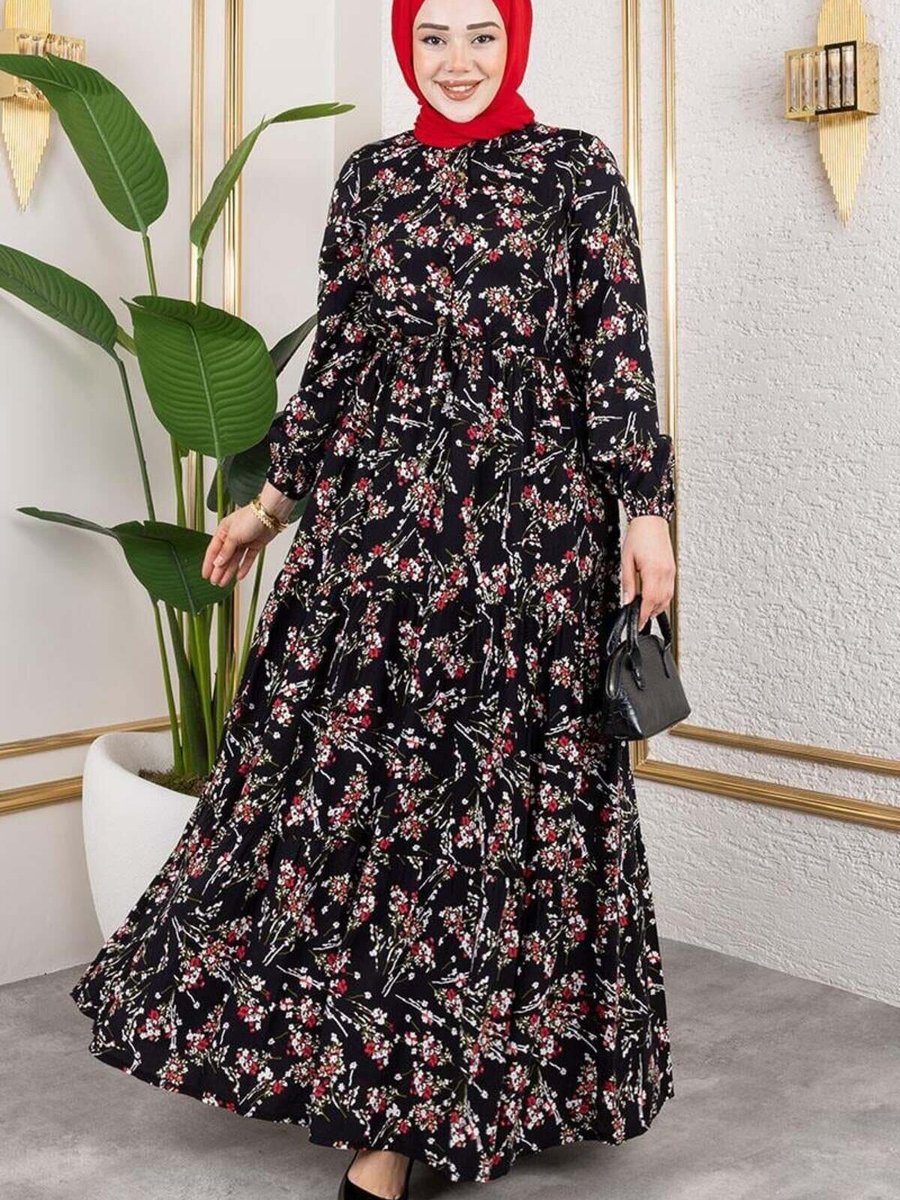 Mec Fashion Siyah Asel Çiçekli Viskon Elbise