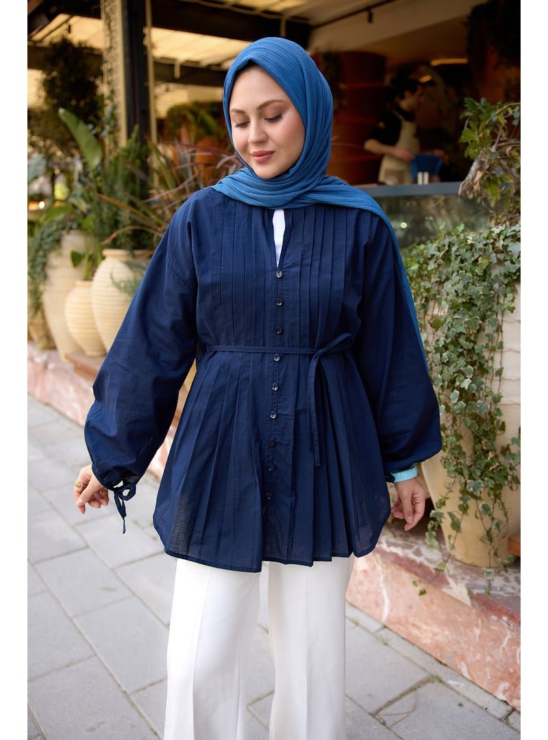 Locco Moda Lacivert Önü Pile Detay Vual Gömlek