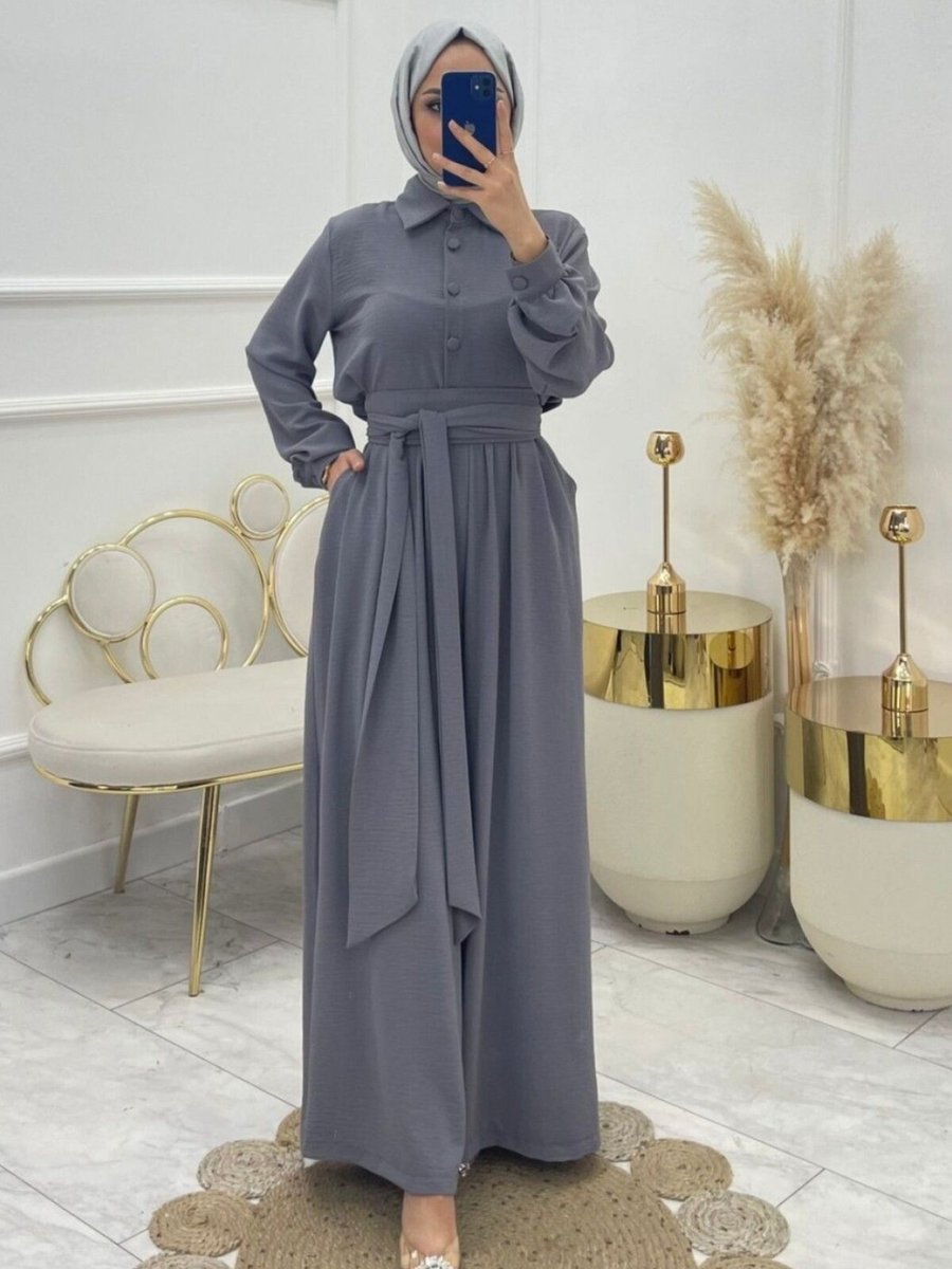 HİJABAYA Gri Yarım Düğmeli Kemerli Beli Lastikli Tulum