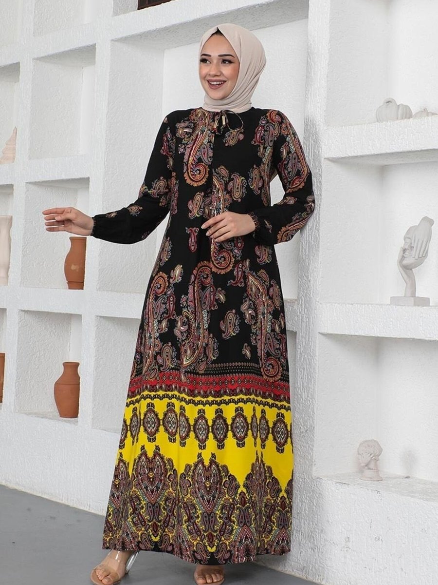 Genel Markalar Siyah Etnik Desenli Model Elbise