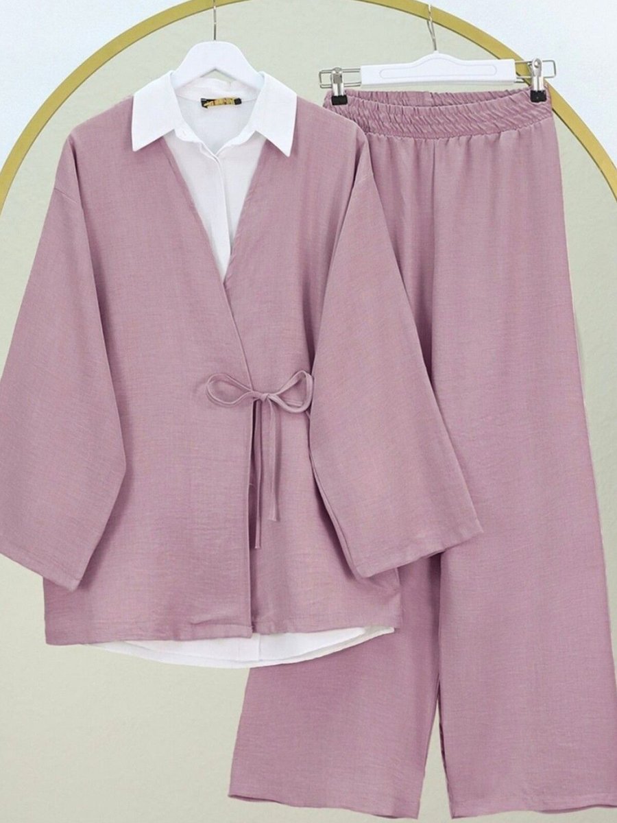 HİJABAYA Pudra Önden Bağlamalı Pantolonlu Kimono İkili Takım
