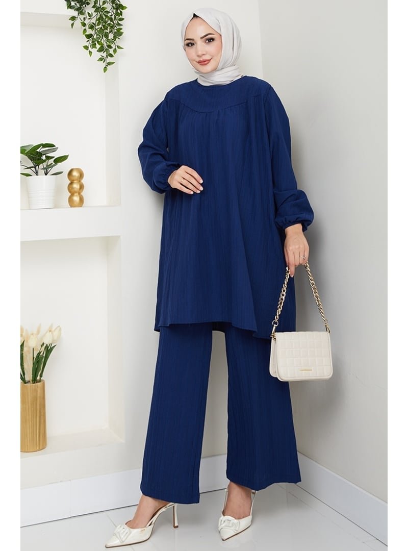 Bestenur Lacivert Müslin Tunik Pantolon İkili Takım