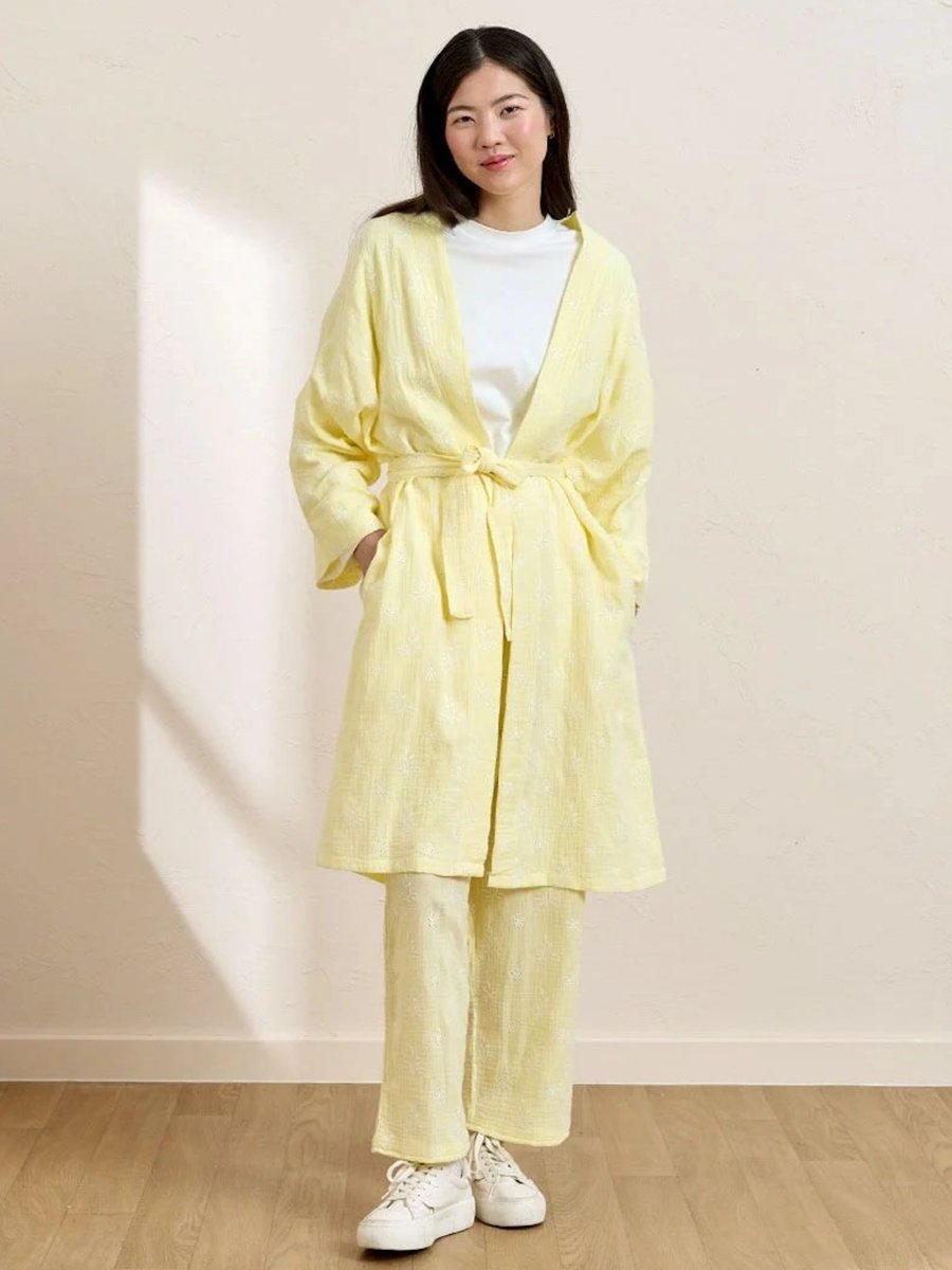 Ceylan Otantik Sarı Fistolu Müslin Uzun Kimono & Pantolon Takım