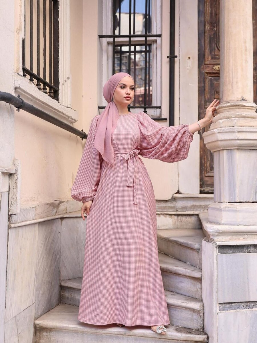 Nissra Pembe Ankanoor Balon Kol Pötikareli Jakar Elbise