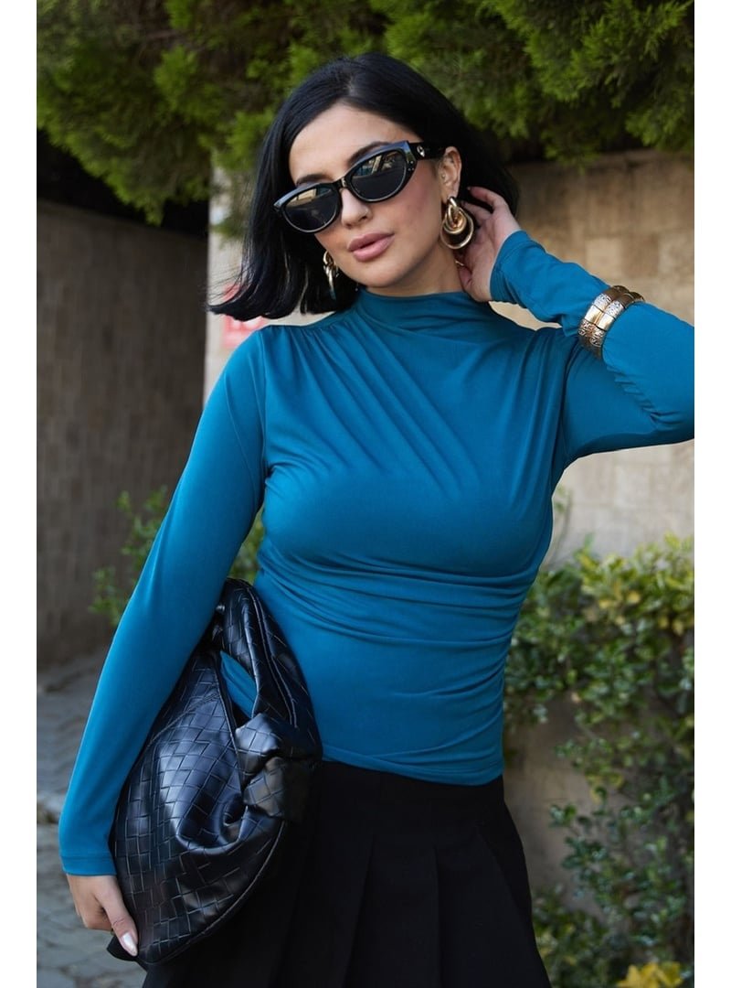 InStyle Omuzu Pileli Petrol Mavisi Bluz