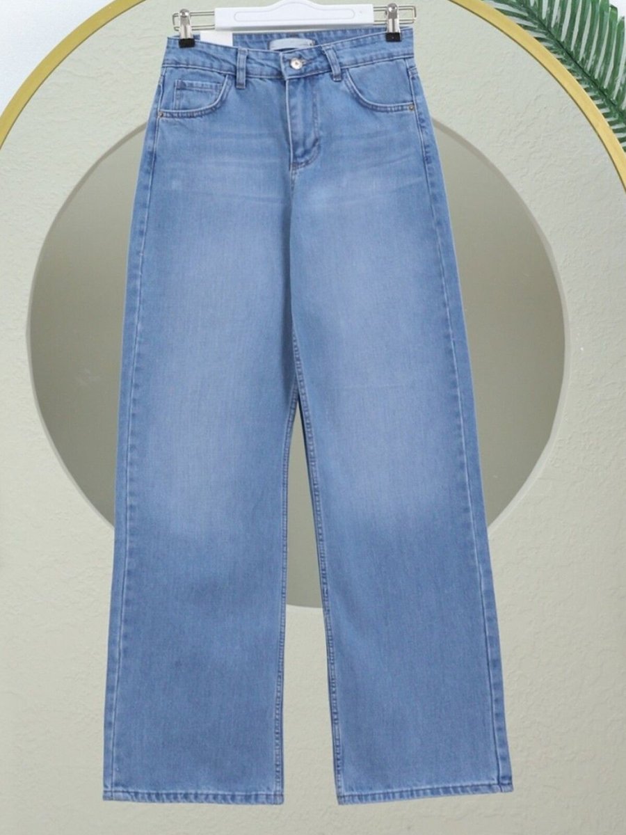 HİJABAYA Buz Mavi Çok Cepli Yüksek Bel Kot Pantolon