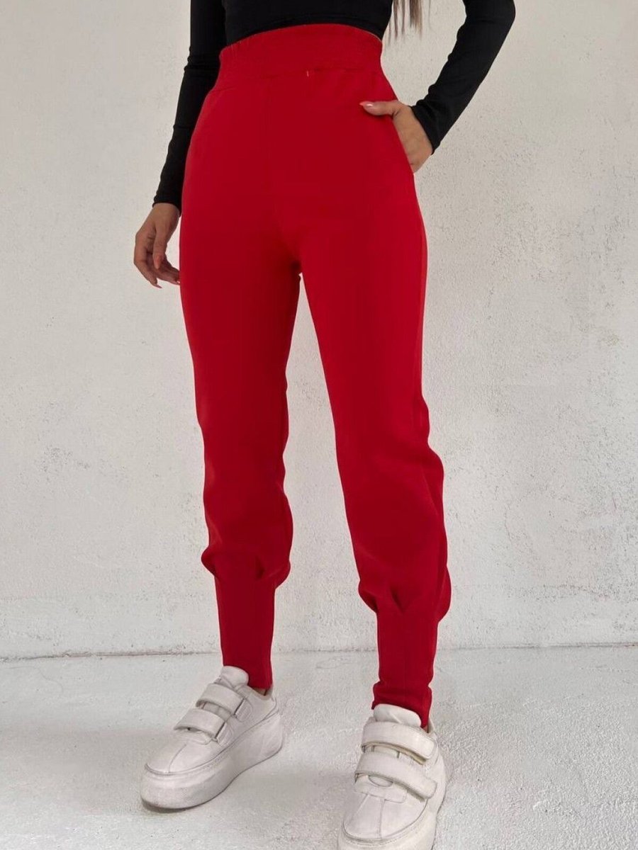 HİJABAYA Kırmızı Beli Lastikli Paçası Dikişli Cepli Scuba Pantolon