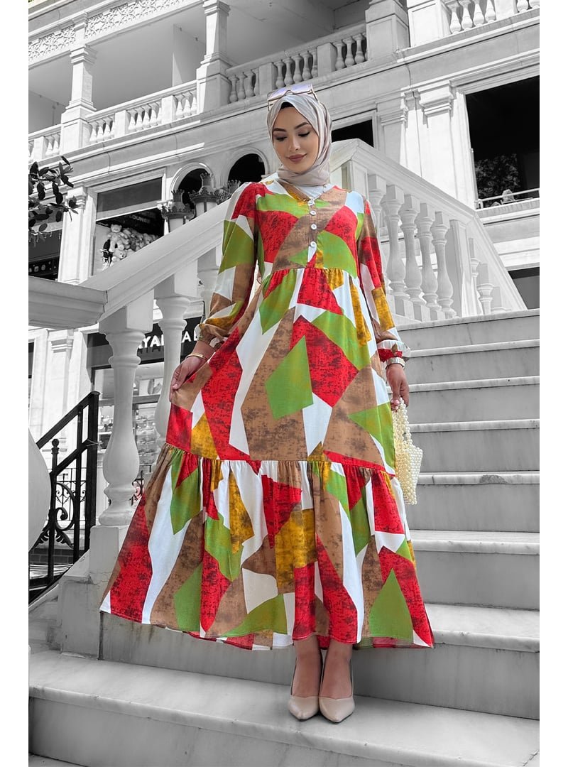 Liz Butik Turuncu Alya Desenli Viskon Elbise