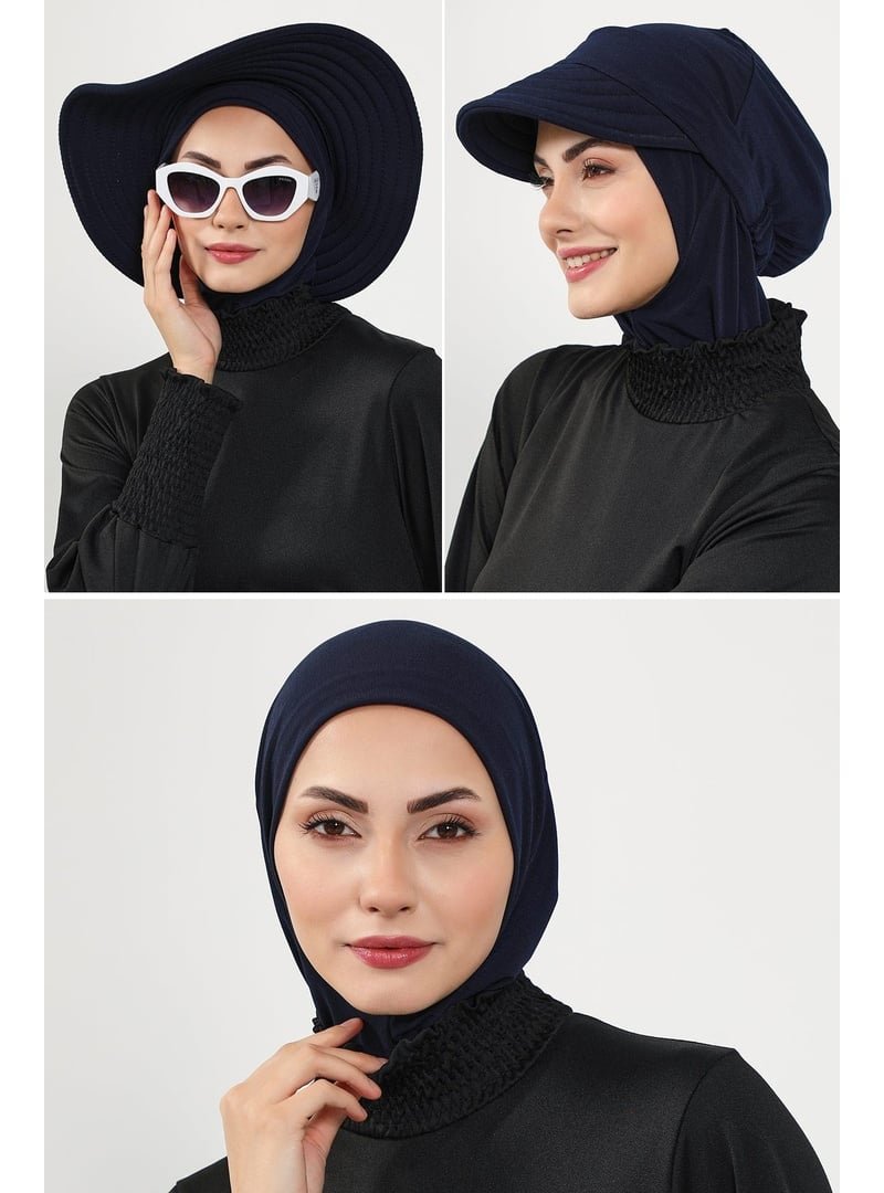 Aisha`s Design 1sn Lacivert 3'lü Bone,siperlik Ve Şapka Seti (deniz,havuz) Yüzücü Bonesi,st 1sn,st