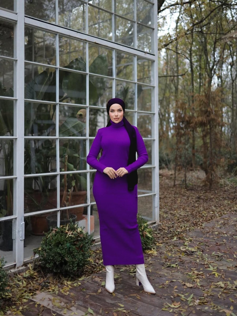 Nissra Mor Ankanoor Boğazlı Triko Elbise