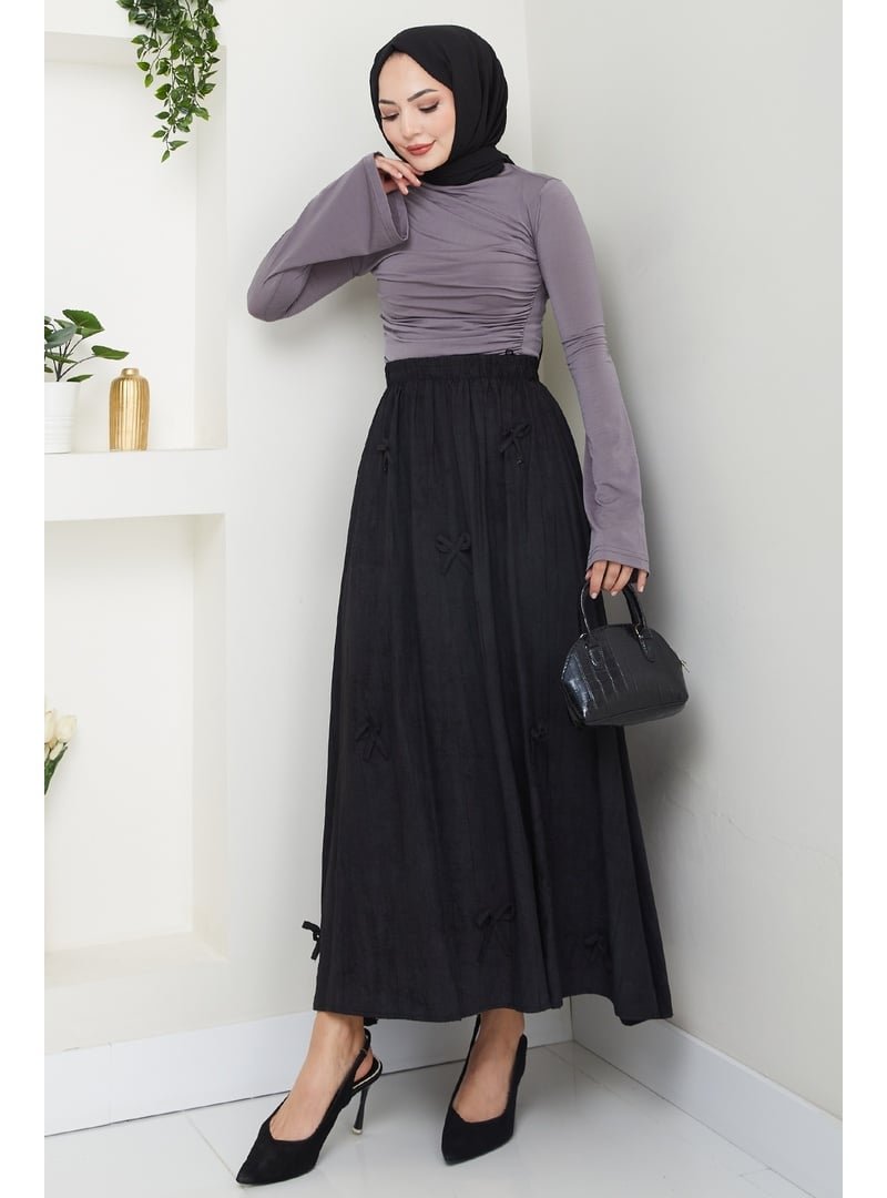 InStyle Fiyonk Detay Beli Lastikli Siyah Etek