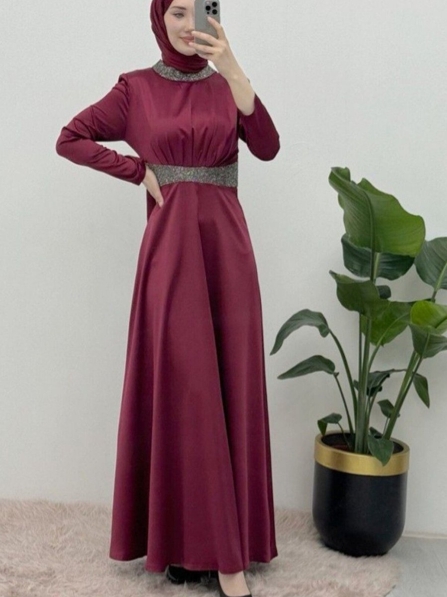 HİJABAYA Bordo Yakası Ve Beli Taş Detaylı Saten Abiye Elbise
