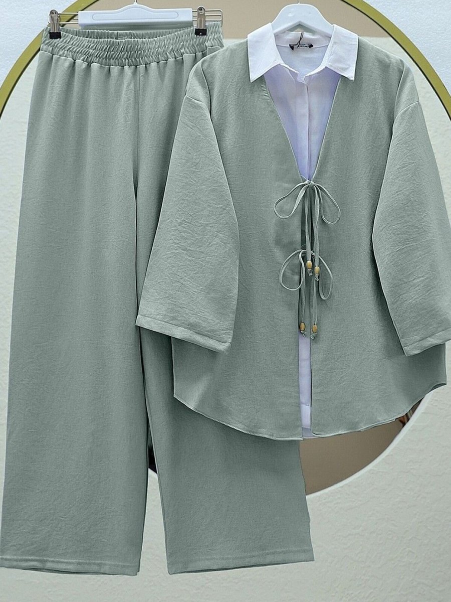 HİJABAYA Mint Önü Çift Bağlamalı Pantolonlu Kimono İkili Takım
