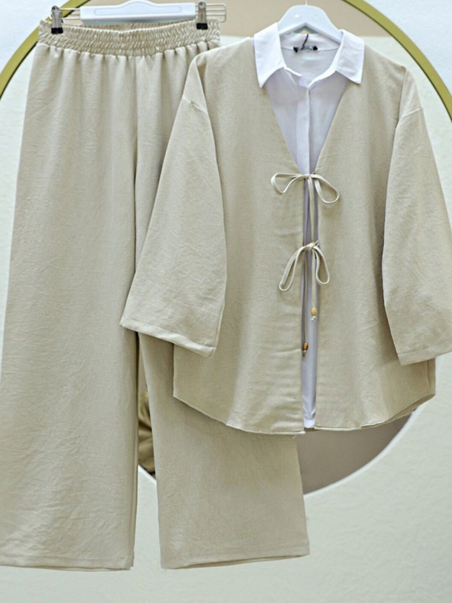 HİJABAYA Bej Önü Çift Bağlamalı Pantolonlu Kimono İkili Takım
