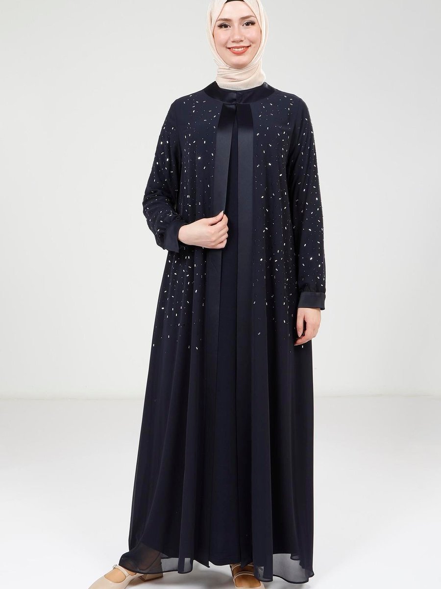 Beyza Lacivert Taş Detaylı Şifon Abaya Takım