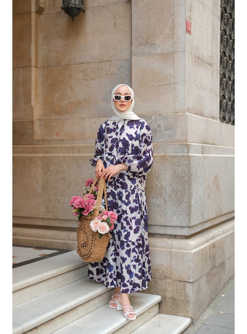 Locco Moda Lacivert Leopar Desenli Elbise