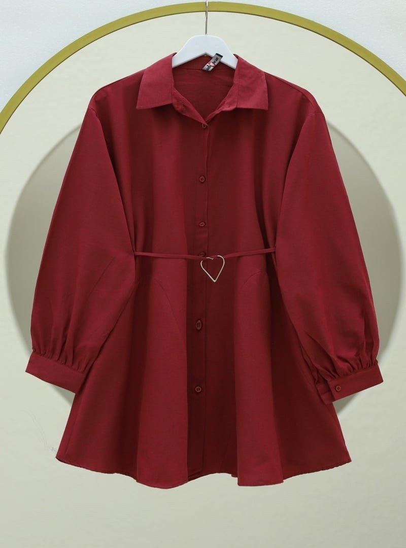 Podyumplus Bordo Parça Kumaşlı Düğmeli Poplin Tunik