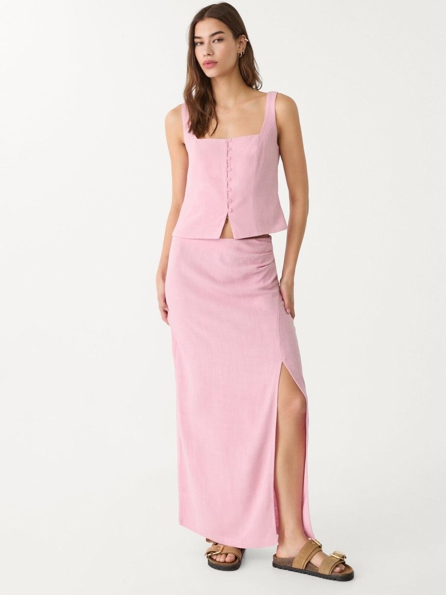 Stradivarius Pastel Pembe Uzun Yan Yırtmaçlı Keten Etek
