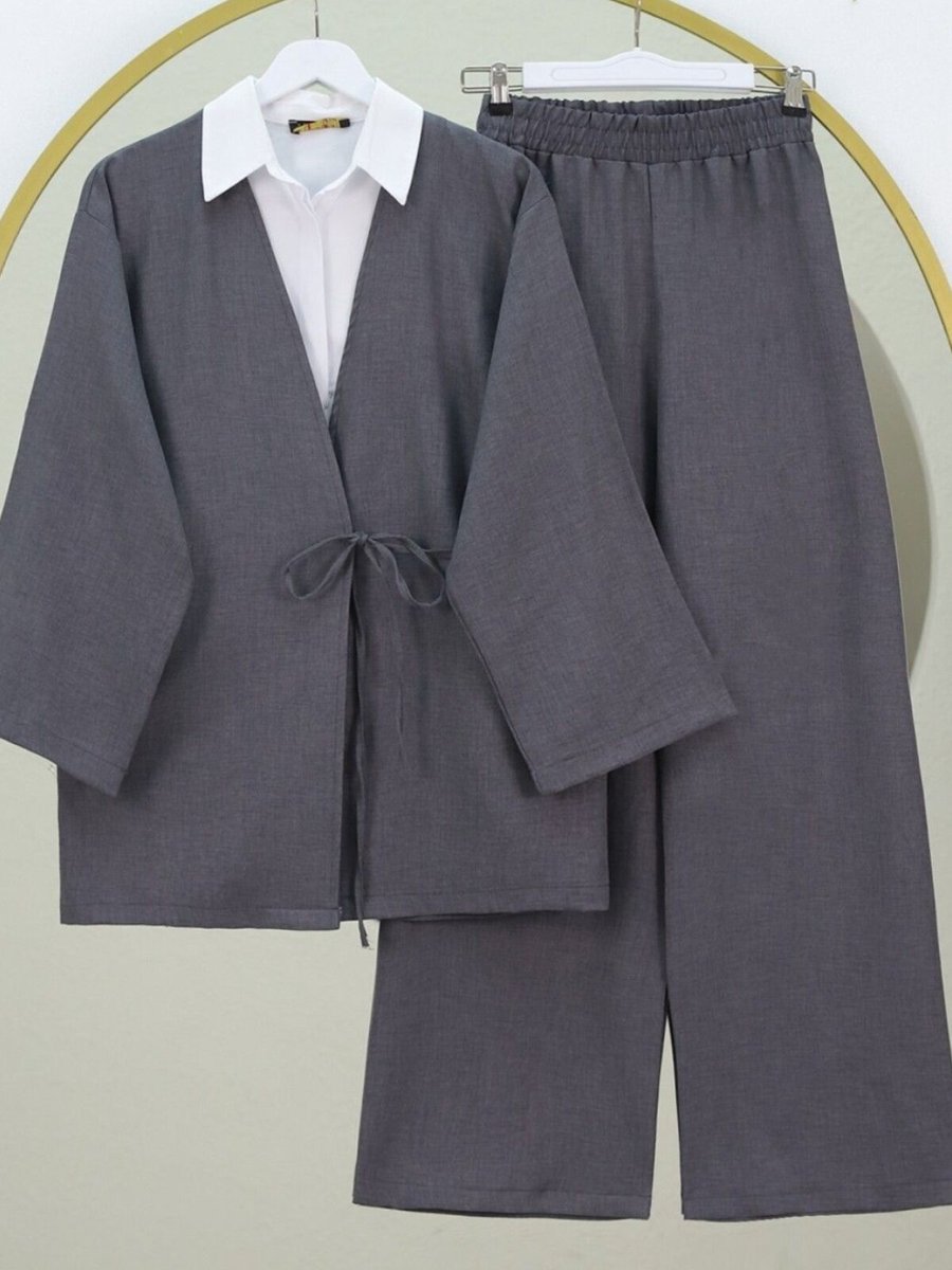 HİJABAYA Füme Önden Bağlamalı Pantolonlu Kimono İkili Takım