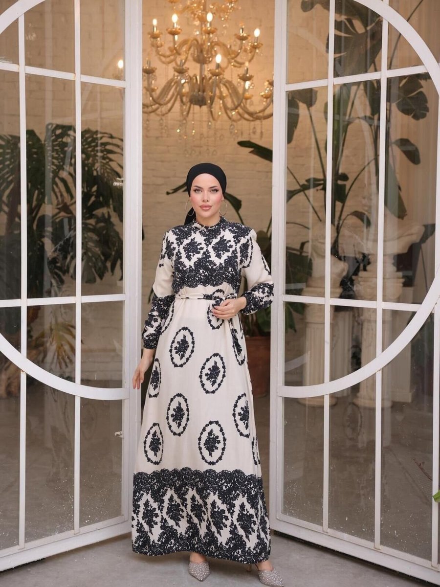 Nissra Beyaz Ankanoor Barok Desenli Viskon Elbise