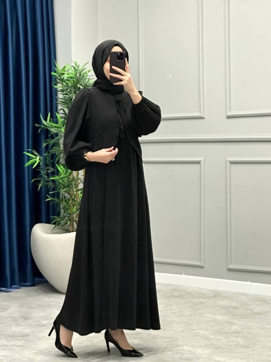 OlaLady Siyah Önden Kurdale Bağlamalı İnce Modal Kumaş Elbise