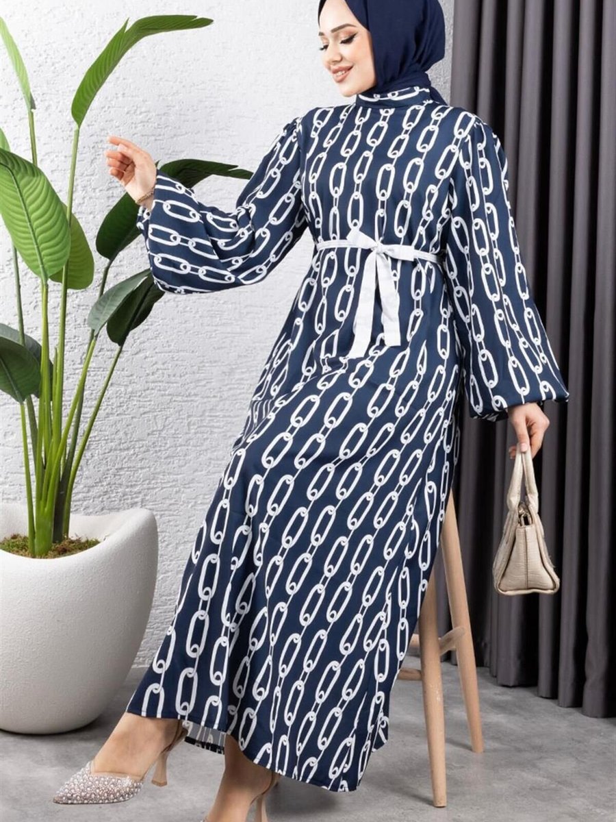 Mec Fashion Lacivert Zincir Desenli Elbise