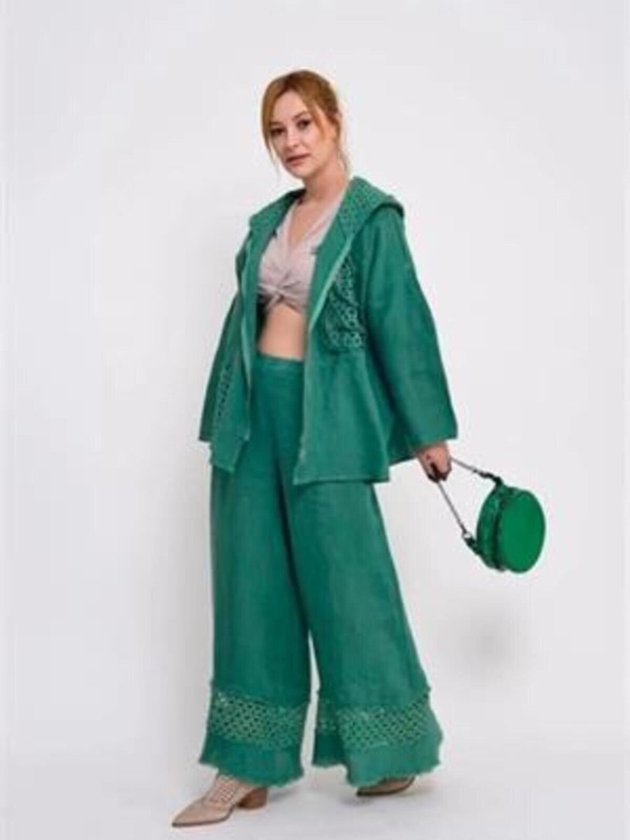 EREN STYLE Gucci Yeşil İtalyan Fisto Detaylı Keten Pantolon