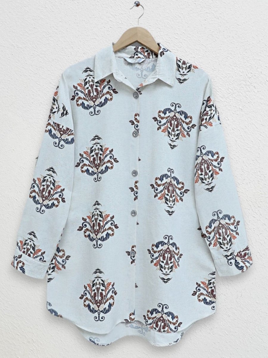 HİJABAYA Kahve Boydan Düğmeli Desenli Oversize Keten Tunik