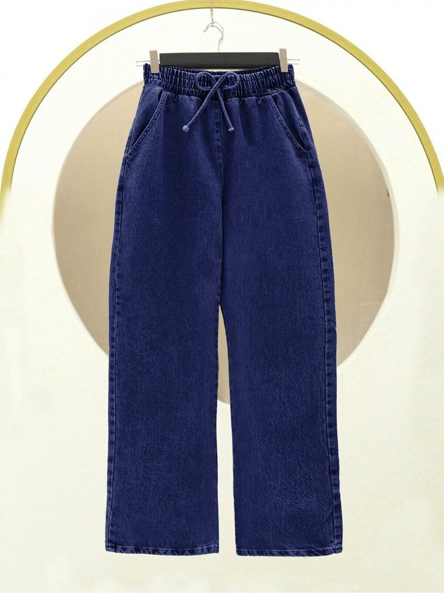 HİJABAYA İndigo Beli Lastikli Cepli Bol Paça Kot Pantolon