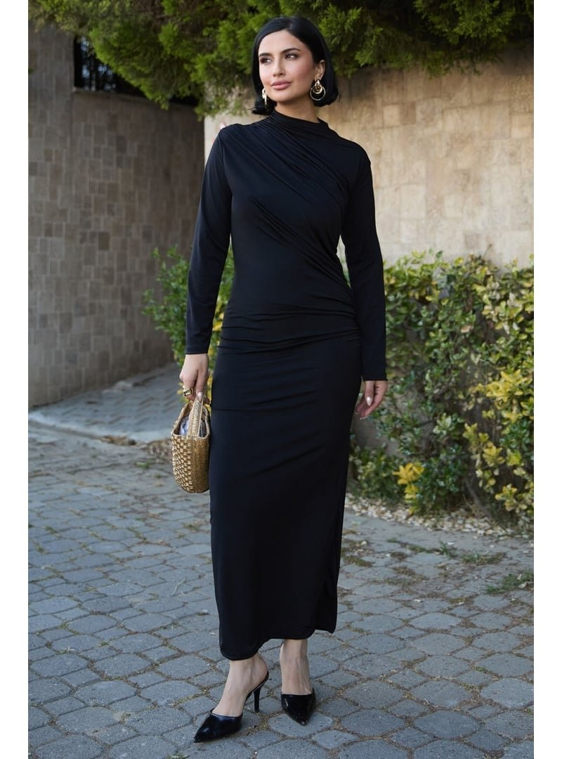 InStyle Büzgülü Sandy Siyah Elbise