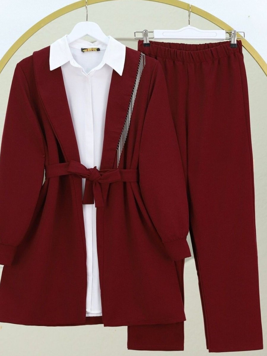 HİJABAYA Bordo Yakası Metal Püsküllü Kemerli Ceket Pantolon İkili Takım